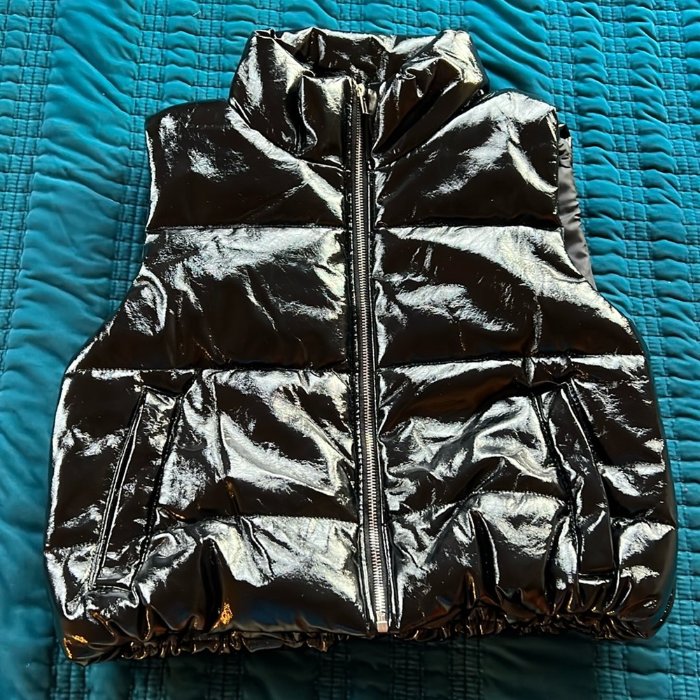 Ambiance outerwear, faux patent, high neck, zipper puffer vest.